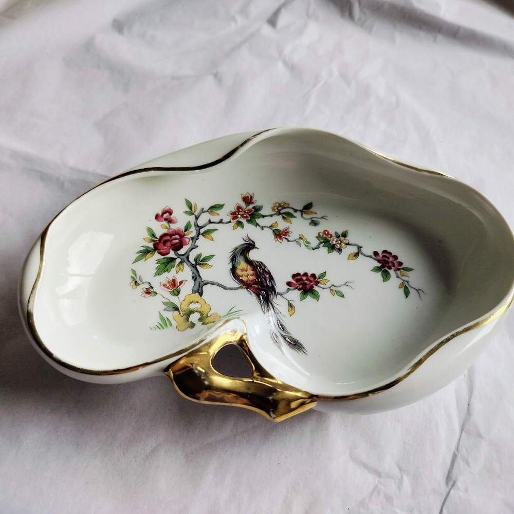 Limoges France Painted Porcelain Trinket Candy Dish Peacock Bird Floral